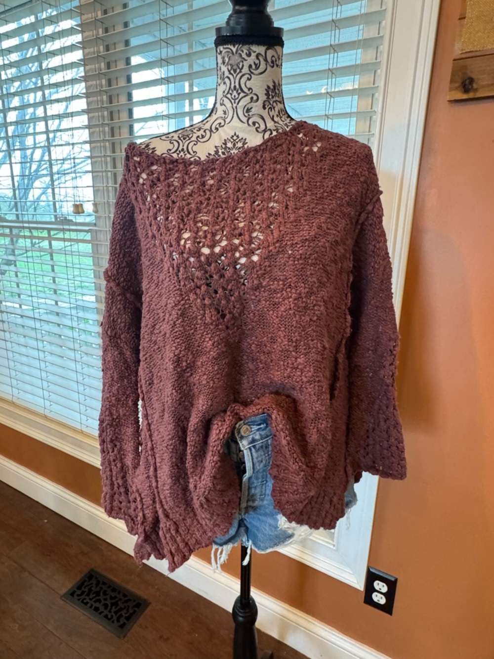 Free People Oversized Pretty Pointelle Vee Sweater Rose Glow Size S  NWT Boho